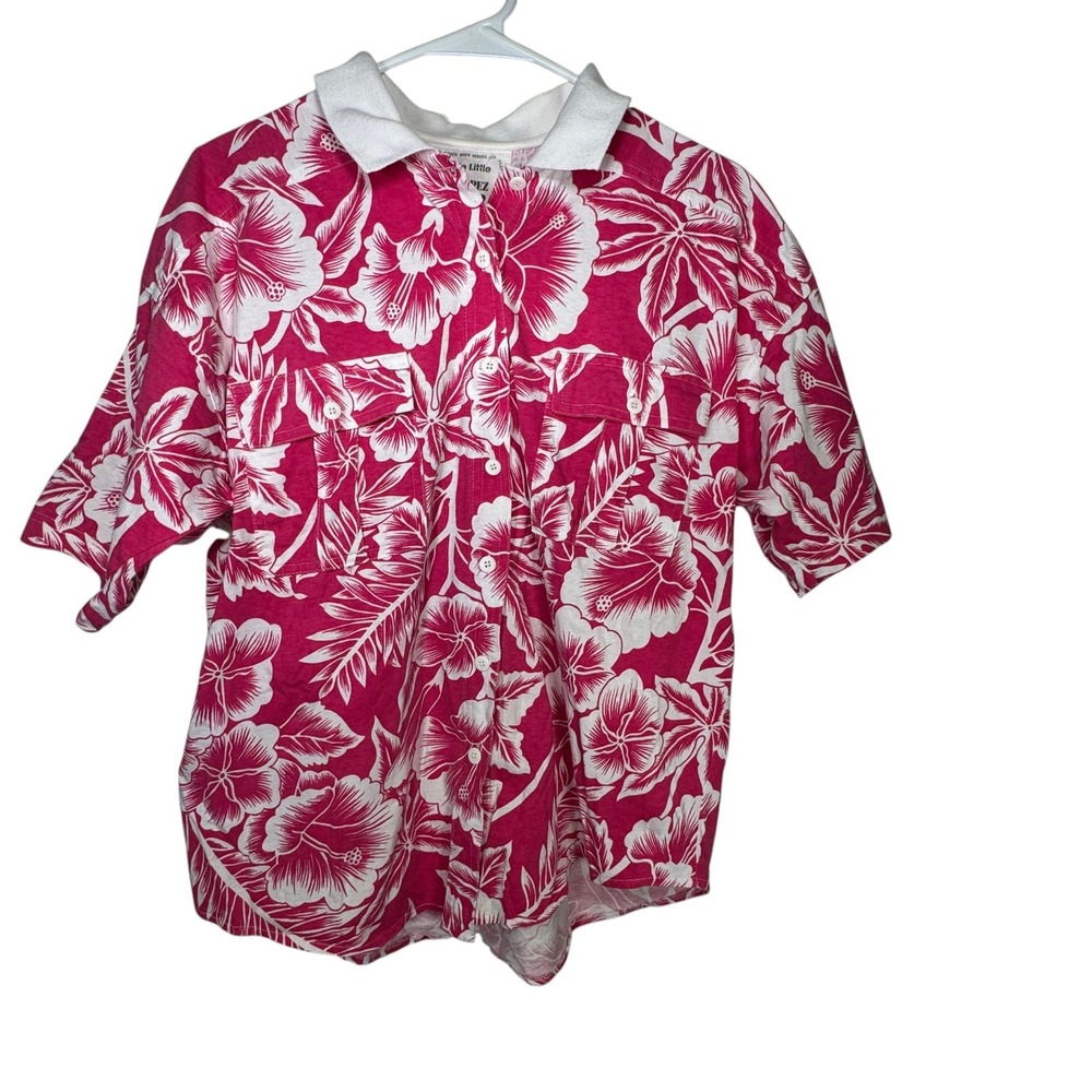 Carole Little St Tropez Wear Hibiscus Floral Shirt Womens M Pink White Cotton‎